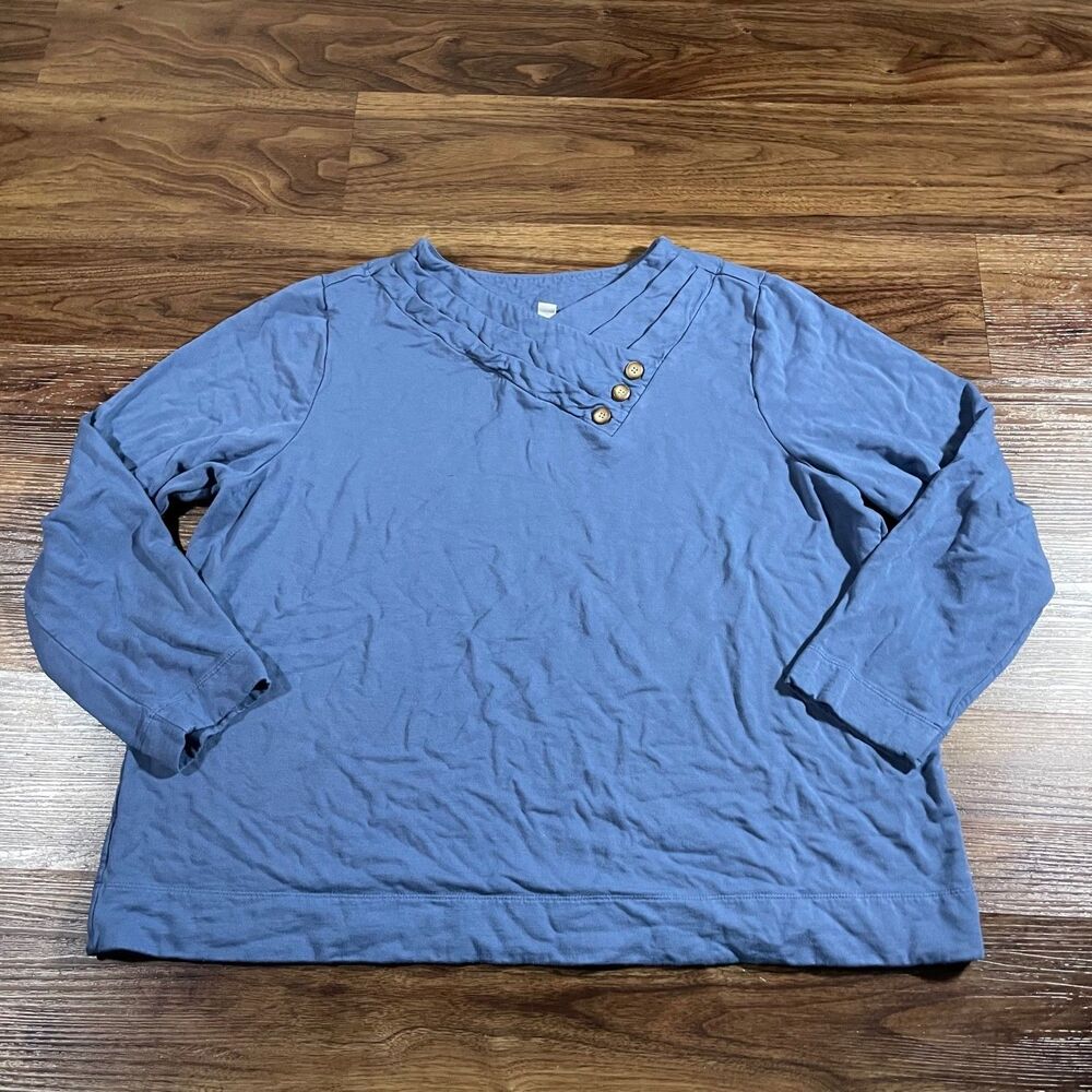 J. Jill Purejill Blue V Neck Top Womens XL Long Sleeve Tunic Button Blue Rayon